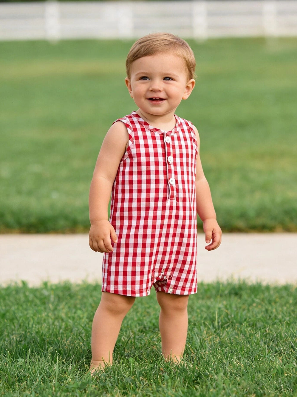 Summer Plaid Boys Red Romper