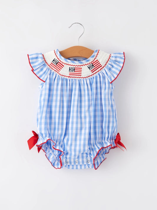 Patriotic Spirit Flag Embroidered Girls Romper