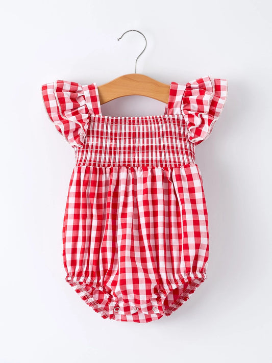 Summer Plaid Girls Red Ruffle Romper