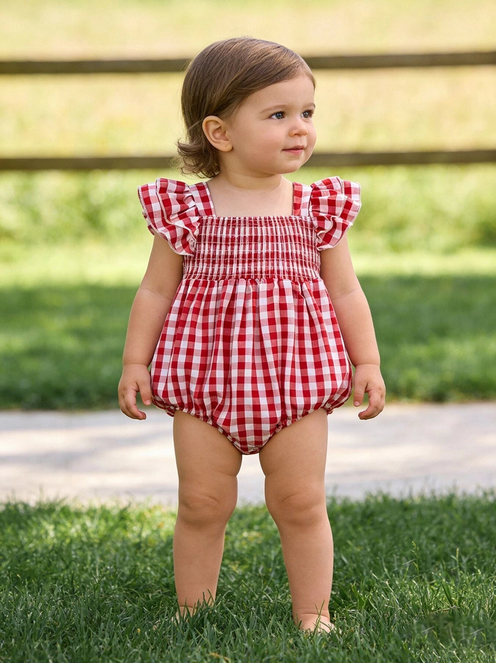 Summer Plaid Girls Red Ruffle Romper
