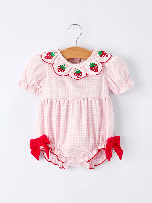 Berry Applique Smocked Plaid Romper